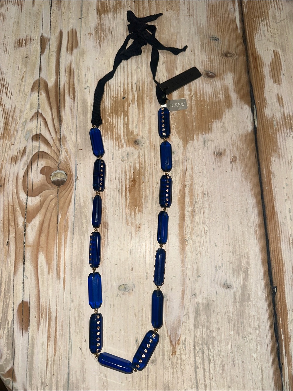 J. Crew Royal Blue Bead Necklace with Black Ribbon Tie